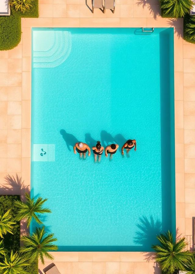 Aerial view of a 10' x 20' rectangular pool with swimmers for scale