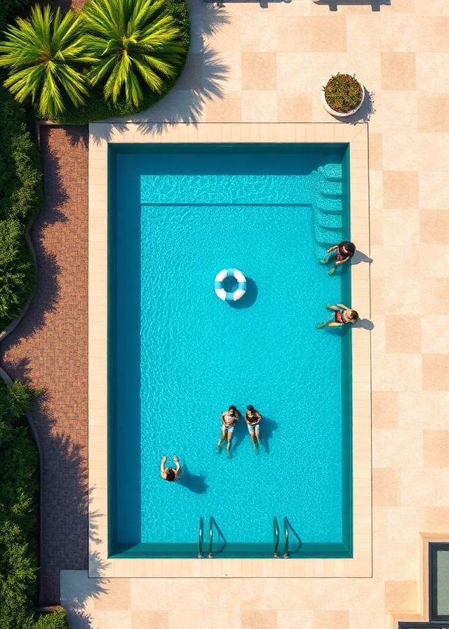 Aerial view of a 14' x 28' rectangular pool with swimmers for scale