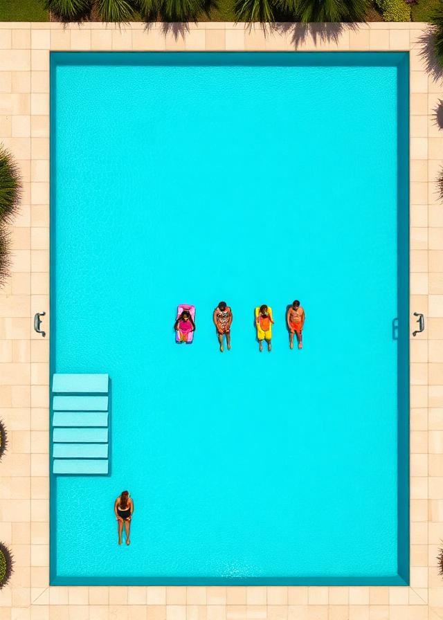 Aerial view of a 16' x 32' rectangular pool with swimmers for scale